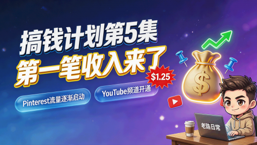 搞钱计划第 5 期：第一笔收入来了-- $1.25！Pinterest 流量逐渐启动，YouTube 频道也开通了
